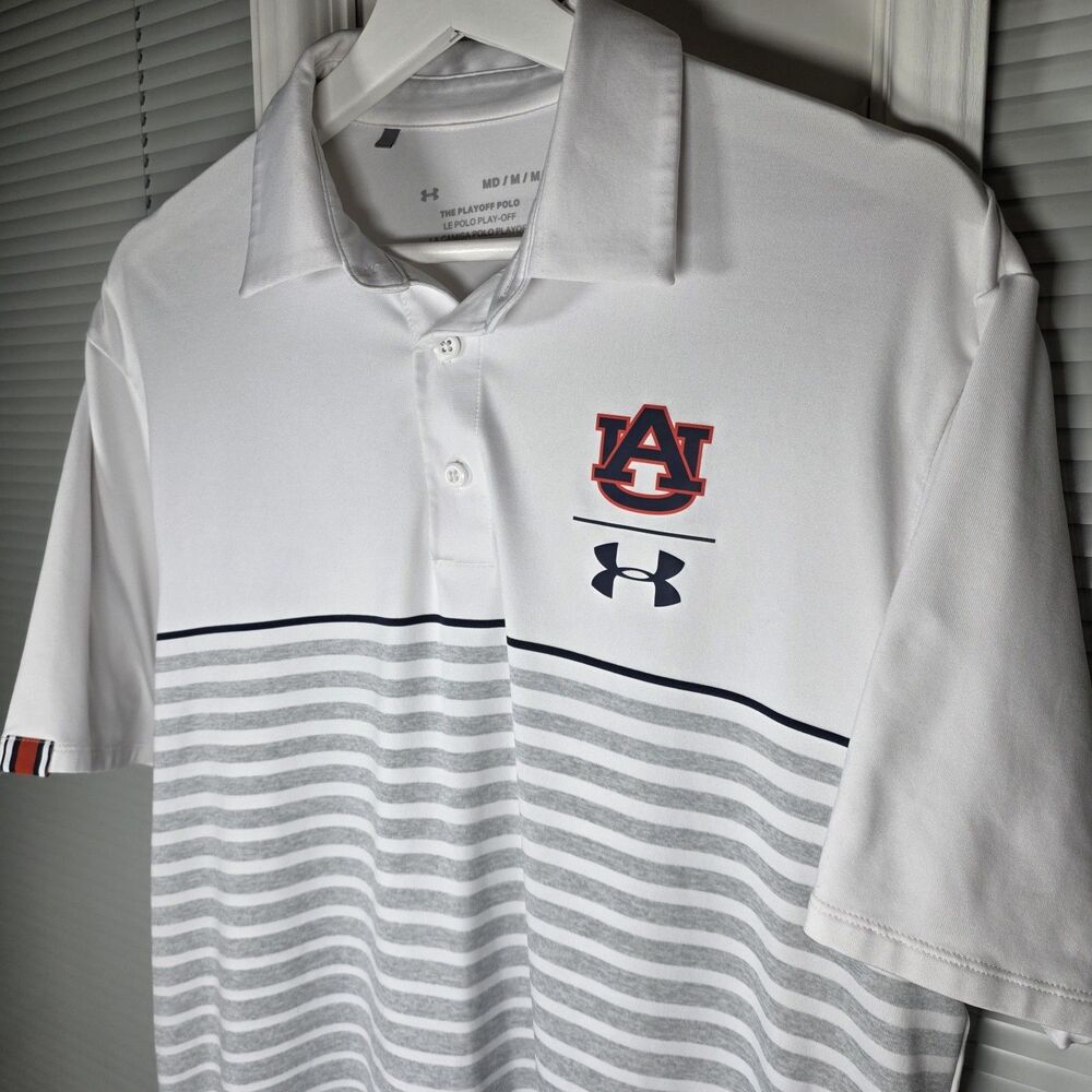 Under Armour Auburn Tigers Polo Mens Medium White Grey Striped